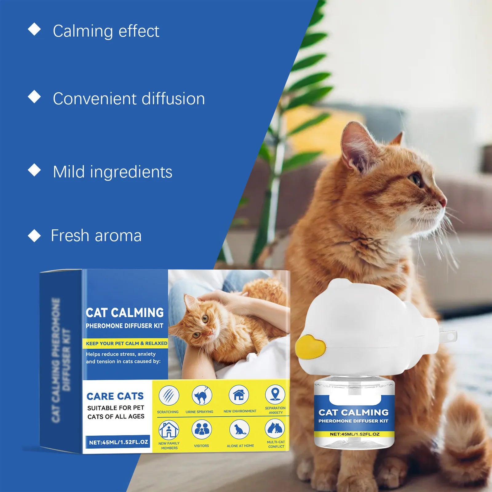 45ml Cat Calming Diffuser Set Pet Cat Estrus Irritability Calming Liquid Multiple Cats Conflict Scratching Mild Pet Supplies